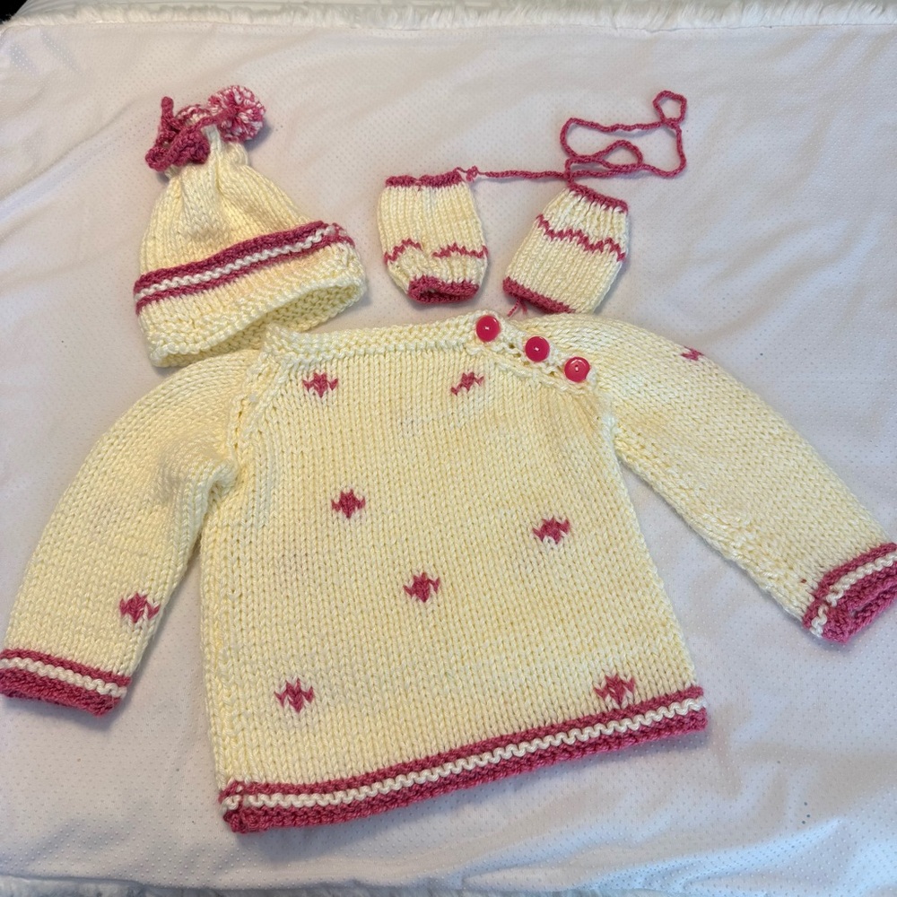 Handmade Knit Sweater, Hat, Warmers NO Size Cream W/ Pink Accents Toddler Soft